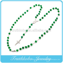 2014 religieux dernière conception en plastique 8mm collier de chaîne de perle verte avec mère en acier inoxydable Marie et Jésus croix charme desig